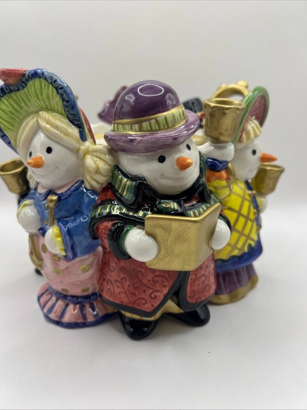 Fitz & Floyd Frosty Caroling Snow Guys 4” Pillar Candle Holder Snowmen Bells 6x6